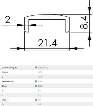 Aluminium Handlauf 21,4x8,4 Glasprofil Nutrohr Satin Geländer 300 cm Glas 16,76 mm LOX