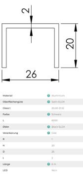 Aluminium Handlauf 26x20 Glasprofil Nutrohr SCHWARZ Geländer 300 cm Glas 20,00-21,52 mm Black ELOX