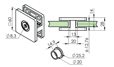 Glashalter V4A Eckig Vorderseite Pfosten Punkthalter V4A Edelstahl flach Klemmen Glasklemme