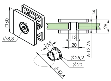 Glashalter V4A Eckig Vorderseite Pfosten Punkthalter V4A Edelstahl Rohr 42,4 Klemmen Glasklemme