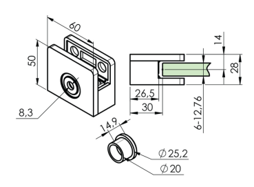 Glashalter V4A Eckig Vorderseite Pfosten Punkthalter V4A Edelstahl flach Klemmen Glasklemme