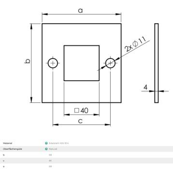 Edelstahl V2A Bodenplatte 88x88 Flansch Pfosten 40x40x2 Platte Natural roh Eckig