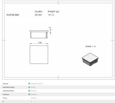 Edelstahl Abdeckkappe 60x60x2,0 mm Endkappe quadratisch Profil Geländer eckig V2A matt gebürstet