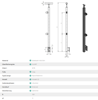 Edelstahl Geländerpfosten eckig 40x40 Bauhöhe 1000mm rechts mit Glasklemmen 63x45mm Geländer Seitenverankerung V2A geschliffen K320