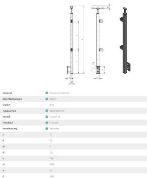 Edelstahl Geländerpfosten eckig 40x40 Bauhöhe 900mm links mit Glasklemmen 63x45mm Geländer Seitenverankerung V2A geschliffen K320