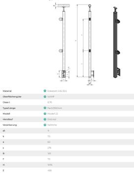 Edelstahl Geländerpfosten eckig 40x40 Bauhöhe 900mm rechts mit Glasklemmen 63x45mm Geländer Seitenverankerung V2A geschliffen K320