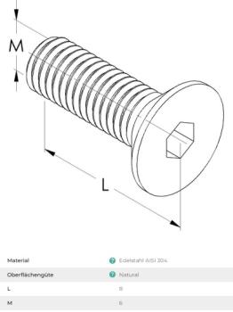Edelstahl M6 Senkschraube mit innerem Sechskant,V2A M6x8