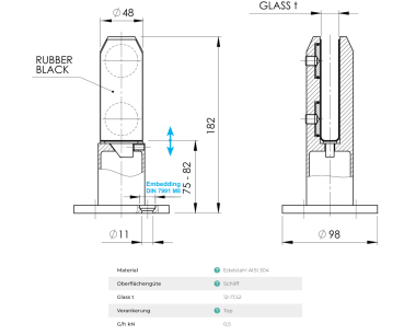 Edelstahl V2A Bodenglasklemme Ankerpfosten für Glas