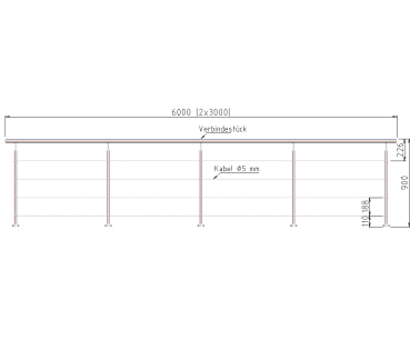 6.0 m Edelstahl Seilgeländer Set, Bodenmontage, L6000(2x3000)xH900mm, Rohr 42.4, AISI304