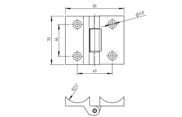 Edelstahl Torband 70 x 85 mm Scharnier mit 4 Löchern gerade / 42,4 mm Rohr V4A