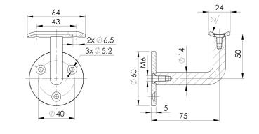 Edelstahl V2A Handlaufstütze gebogen, für Handlauf Ø 42,4 mm Rohrstütze Wandhalter, geschliffen K320
