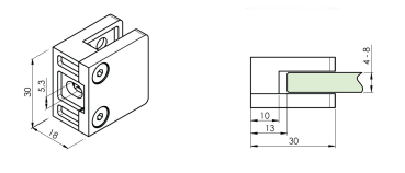 Preview: Edelstahl V2A Glashalter Set 4er Glasklemme Balkongeländer eckig 30x30 mm flach