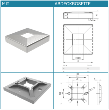 Edelstahl Pfosten Bodenmontage 40x40 mit Abdeckrosette mit Handlaufträger V2A