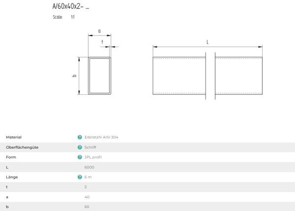 Edelstahl Rohr Quadratrohr Geländerrohr Vierkantrohr 60x40x2 mm - Länge auswählbar - AISI 304 geschliffen K320