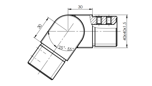 Edelstahl Verbinder mit Gelenk 25°-55° für Nutrohr Eckig 40x40x1,5mm