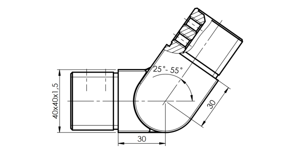 Edelstahl Verbinder mit Gelenk 25°-55° für Nutrohr Eckig 40x40x1,5mm