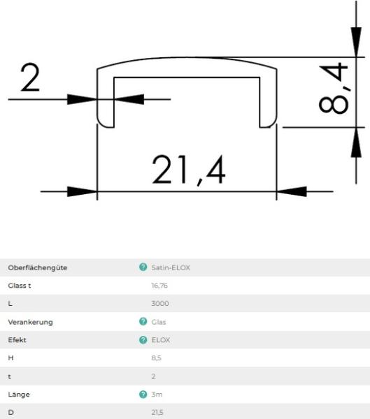 Aluminium Handlauf 21,4x8,4 Glasprofil Nutrohr Satin Geländer 300 cm Glas 16,76 mm LOX