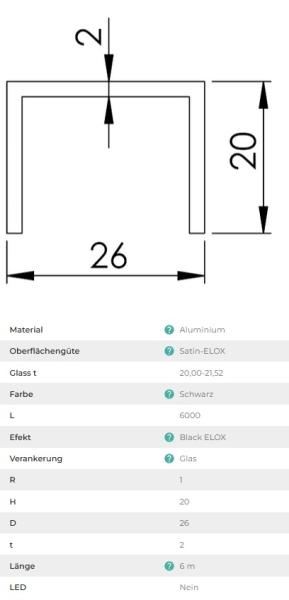 Aluminium Handlauf 26x20 Glasprofil Nutrohr SCHWARZ Geländer 300 cm Glas 20,00-21,52 mm Black ELOX