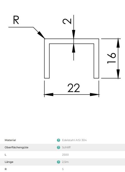 Edelstahl Handlauf Verbinder Profil 22x16 Nutrohr Abschlussleiste für Glasscheibe Glas Glasgeländer Balkongeländer