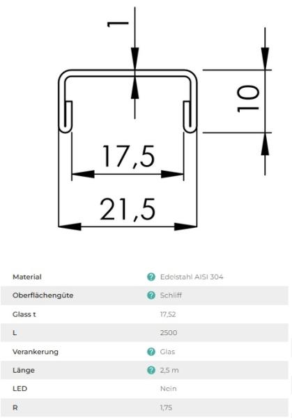 Edelstahl Handlauf Verbinder Profil 17,5x10 Nutrohr Abschlussleiste für Glasscheibe Glas Glasgeländer Balkongeländer