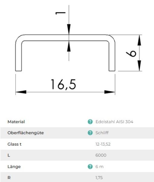 Edelstahl Handlauf Verbinder Profil 16,5x6 Nutrohr Abschlussleiste für Glasscheibe Glas Glasgeländer Balkongeländer