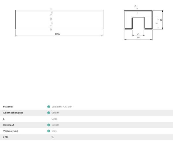 Edelstahl Nutrohr LED Glasleistenrohr  60x40x2500 mm Glasscheibe Glas vierkantrohr, AISI 304, geschliffen V2A