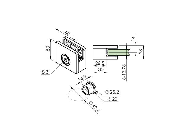 Glashalter V4A Eckig Vorderseite Pfosten Punkthalter V4A Edelstahl Rohr 42,4 Klemmen Glasklemme