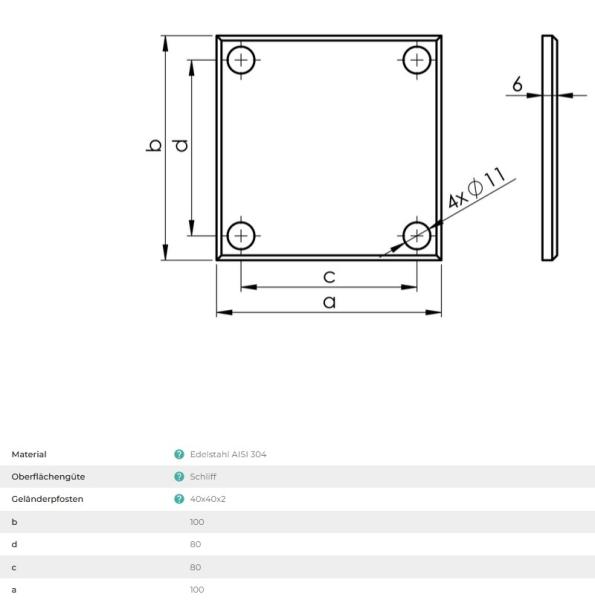 Edelstahl V2A Bodenplatte 100x100 Flansch Pfosten 40x40x2 Platte 100mm geschliffen Eckig