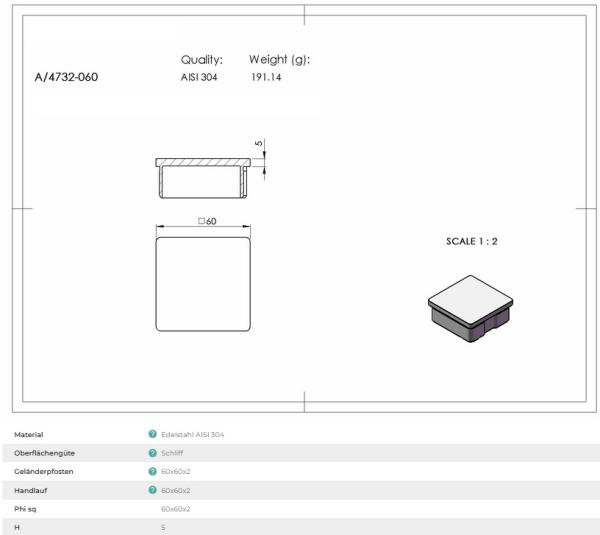 Edelstahl Abdeckkappe 60x60x2,0 mm Endkappe quadratisch Profil Geländer eckig V2A matt gebürstet