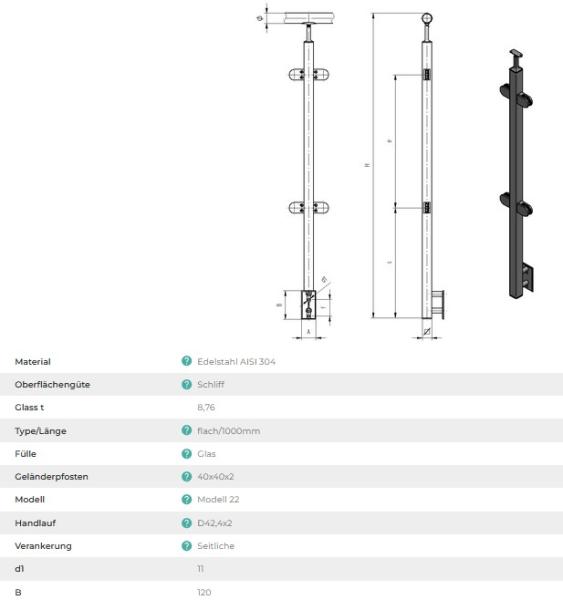 Edelstahl Geländerpfosten eckig 40x40 Bauhöhe 1000mm beidseitig 180° mit Glasklemmen 63x45mm Geländer Seitenverankerung V2A geschliffen K320