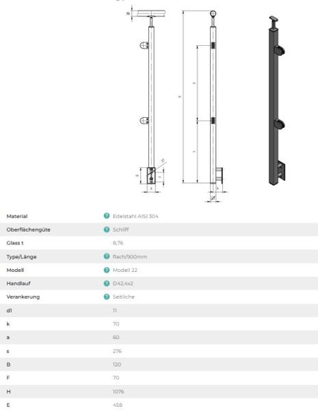 Edelstahl Geländerpfosten eckig 40x40 Bauhöhe 900mm rechts mit Glasklemmen 63x45mm Geländer Seitenverankerung V2A geschliffen K320