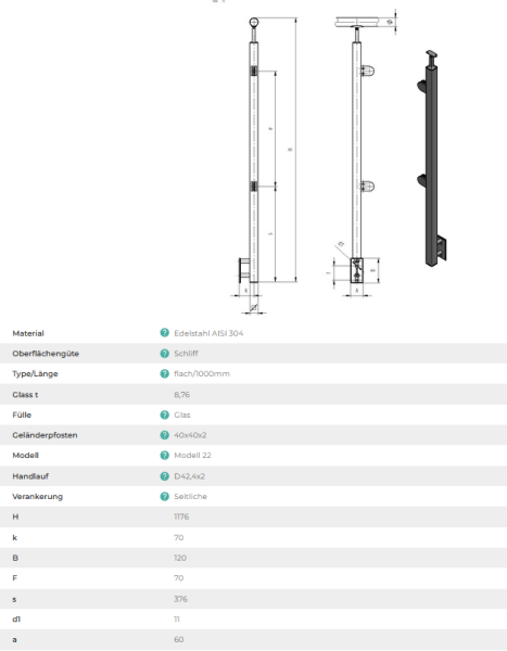 Edelstahl Geländerpfosten eckig 40x40 Bauhöhe 1000mm links mit Glasklemmen 63x45mm Geländer Seitenverankerung V2A geschliffen K320