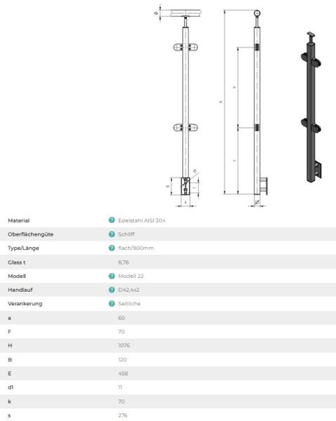 Edelstahl Geländerpfosten eckig 40x40 Bauhöhe 900mm beidseitig 180° mit Glasklemmen 63x45mm Geländer Seitenverankerung V2A geschliffen K320