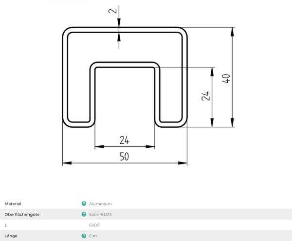 Aluminium Handlauf Profil Nutrohr 50x40 Abschlussleiste für Glasscheibe Glas Glasgeländer Balkongeländer AL-elox