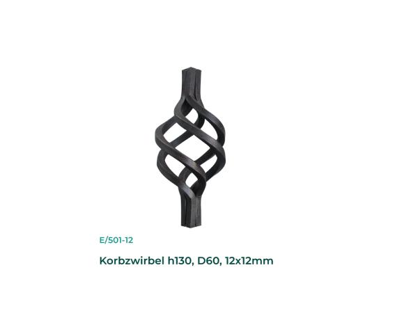 Korbzwirbel H130, D60, 12x12mm Zaunzwirbel Schmiedeeisen Zierelement Zwirbel Stahl Zierteil