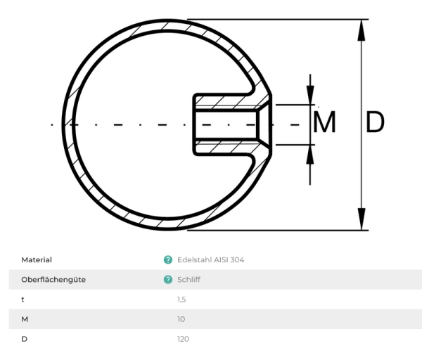 Edelstahl Hohlkugel ∅120 mm inkl. M10 Gewinde Kugel Endkappe Zierkugel Knopf V2A