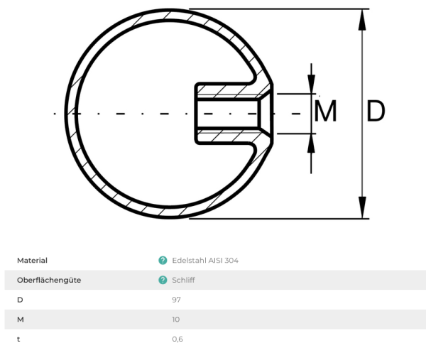 Edelstahl Hohlkugel ∅97 mm inkl. M10 Gewinde Kugel Endkappe Zierkugel Knopf V2A