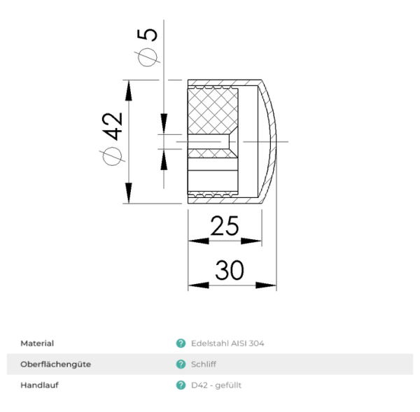 Edelstahl Endkappe 42,4 für Holzhandlauf Adapter Holzendkappe rund Endstück V2A