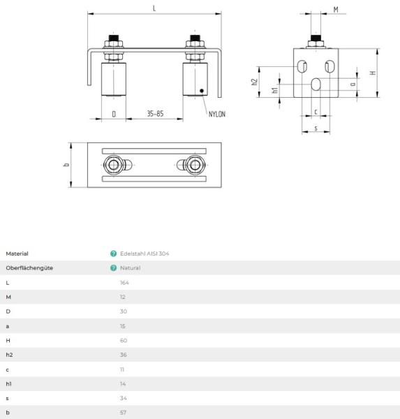 Edelstahl V2A obere Führung mit 2 rollen Doppelverstellung INOX mit Halter natural