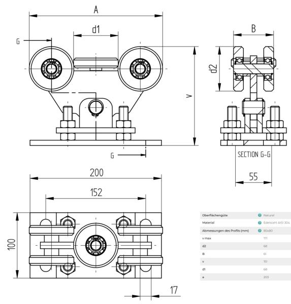 Edelstahl 5-rädriger Laufwagen 80x80 Rad für selbsttragenden Tor natural V2A