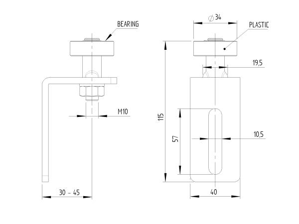 Edelstahl V2A Befestigungswinkel mit Kunststoffrolle H115mm, B40 geschliffen