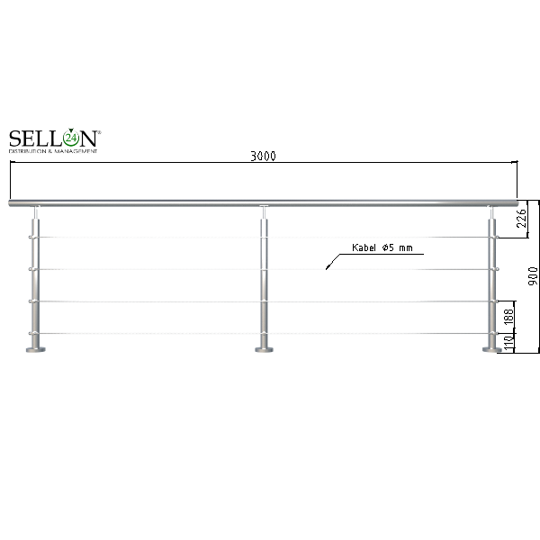 3.0 m Edelstahl Seilgeländer Set, Bodenmontage, L3000xH900mm, Rohr 42.4, AISI304