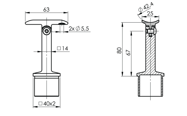 Handlaufstütze variabel für 40 x 40 x 2,0 mm/42,4 mm mit Gelenk V2A, matt gebürstet