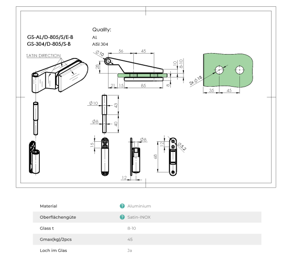 2x Aluminium Glastürschanier Türscharnier Türband für Glas 8-10mm SET