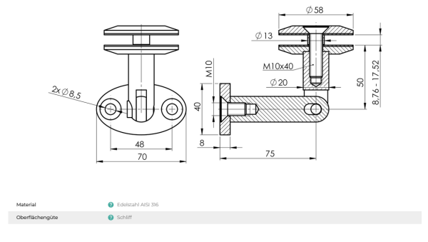 Untere Verankerung Glasvordach Edelstahl Vordachhalter für Glas 8,76-17,52 V4A
