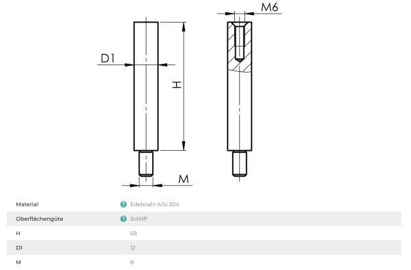 Edelstahl Stift Handlaufstütze fi12 x 68 mm, für Gewinde M8/M6 , V2A, matt gebürstet