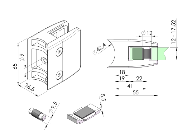 ZAMAK Glasklemme eckig 65x55mm Zinkdruckguss Glashalter RUND roh Sicherungsplatte Klemmhalter Geländer Sicherung