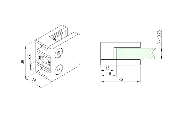 Edelstahl Glasklemme 45x45mm Glashalter flach V2A Klemmhalter GLANZ