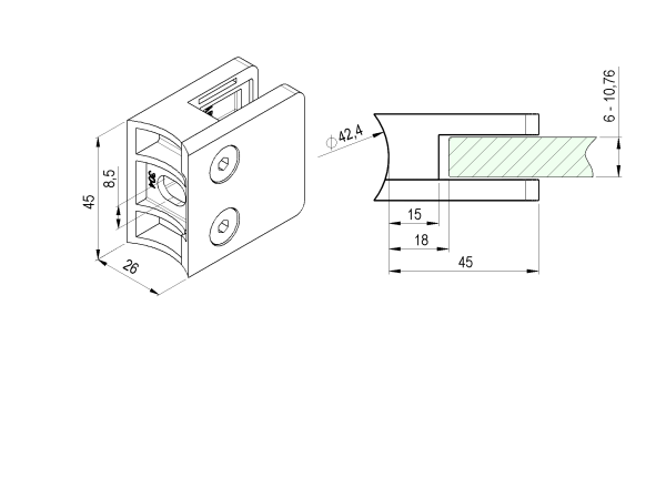 Edelstahl Glasklemme 45x45mm rund 42,4  Glashalter V2A Klemmhalter GLANZ