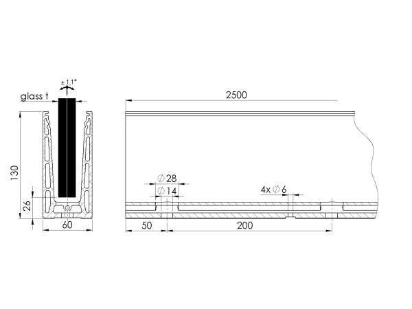 Aluminium Bodenprofil für Ganzglasgeländer U-Bodenprofil 2500mm 3,0kN  Glasgeländer Satin Elox